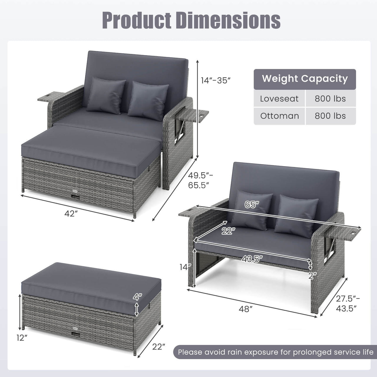 Costway Wicker Outdoor Patio Dining Set with Ottoman and Retractable Side Tray, Gray