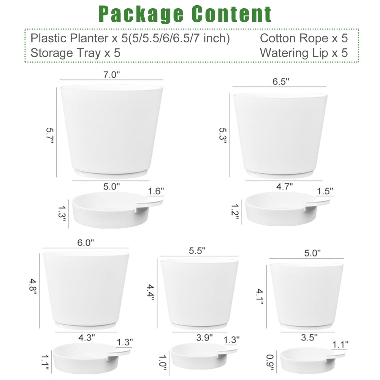 Fabulas Self Watering Planters, 5/5.5/6/6.5/7 Inch Self Watering Plant Pots for Indoor and Outdoor Plants, 5 Pack