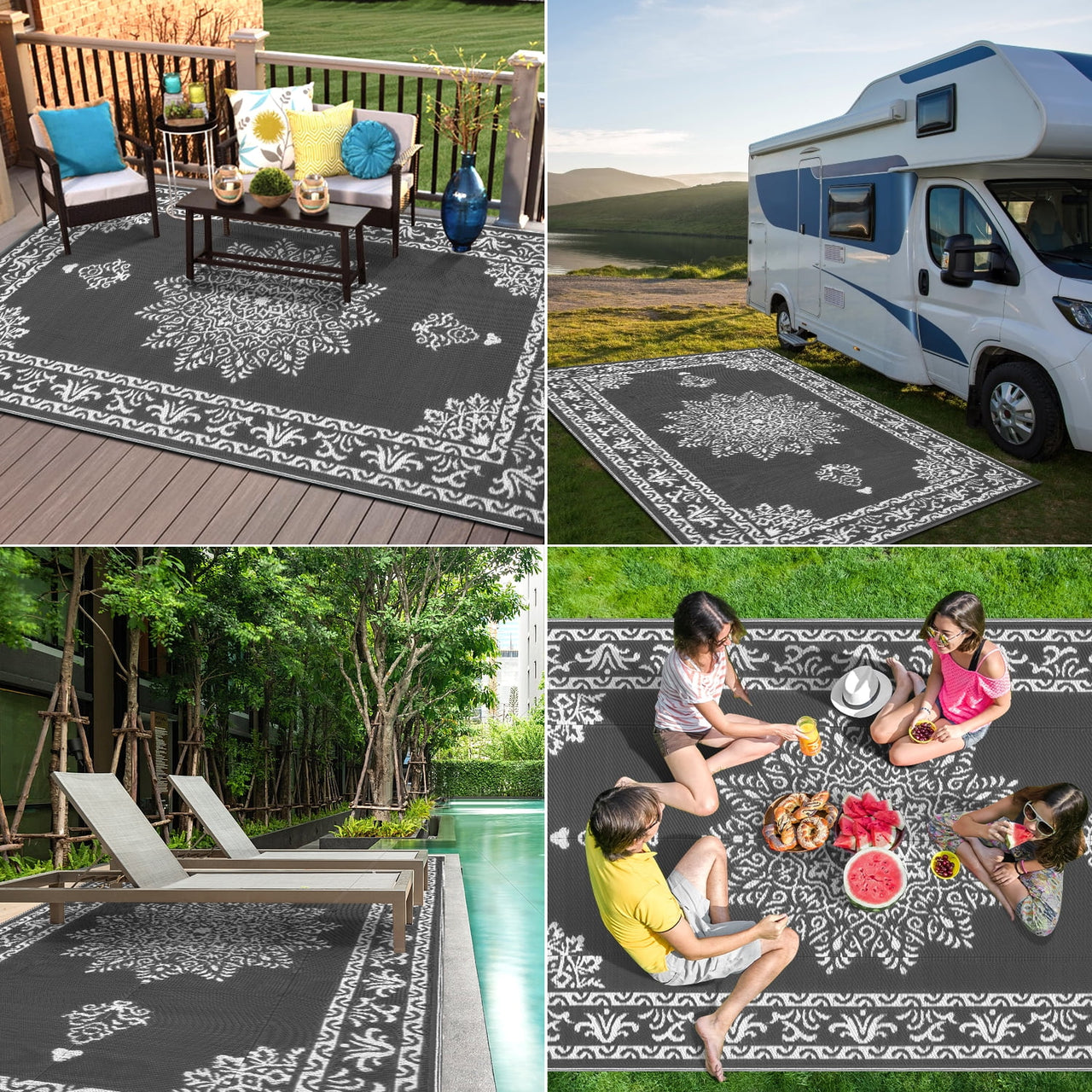 Yamaziot 6'x9' Outdoor Rugs Patio Rug Medallion Reversible Mat, RV Rug, Waterproof Plastic Straw Outdoor Area Rug for Patio, Camping, Porch, Balcony, Beach, Deck, Backyard, Garden, Gray
