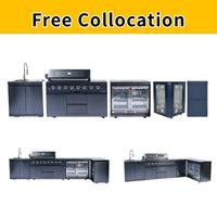 62-Inch 6-Burner 96000 BTU Black Stainless Steel Gas Outdoor Kitchen Bar Barbecue Island Grill + Refrigerator + Rotisserie + Granite Countertops