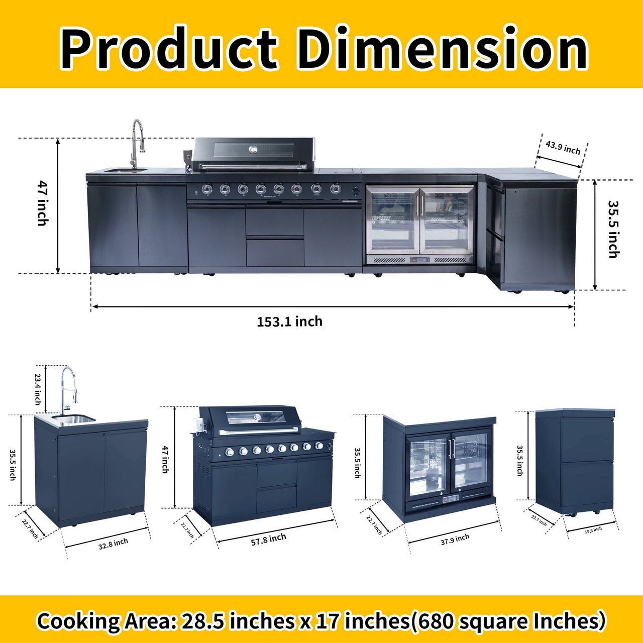 62-Inch 6-Burner 96000 BTU Black Stainless Steel Gas Outdoor Kitchen Bar Barbecue Island Grill + Refrigerator + Rotisserie + Granite Countertops