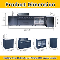 62-Inch 6-Burner 96000 BTU Black Stainless Steel Gas Outdoor Kitchen Bar Barbecue Island Grill + Refrigerator + Rotisserie + Granite Countertops