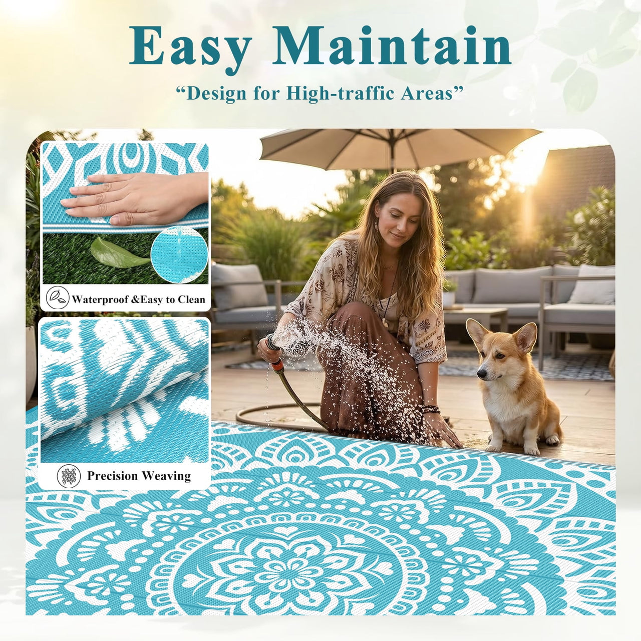 Yamaziot 6'x9' Outdoor Rugs Patio Rug Reversible Mats Waterproof RV Rug Plastic Straw Outdoor Area Rug for Patios, Camping, Porch, Balcony, Beach, Deck, Teal