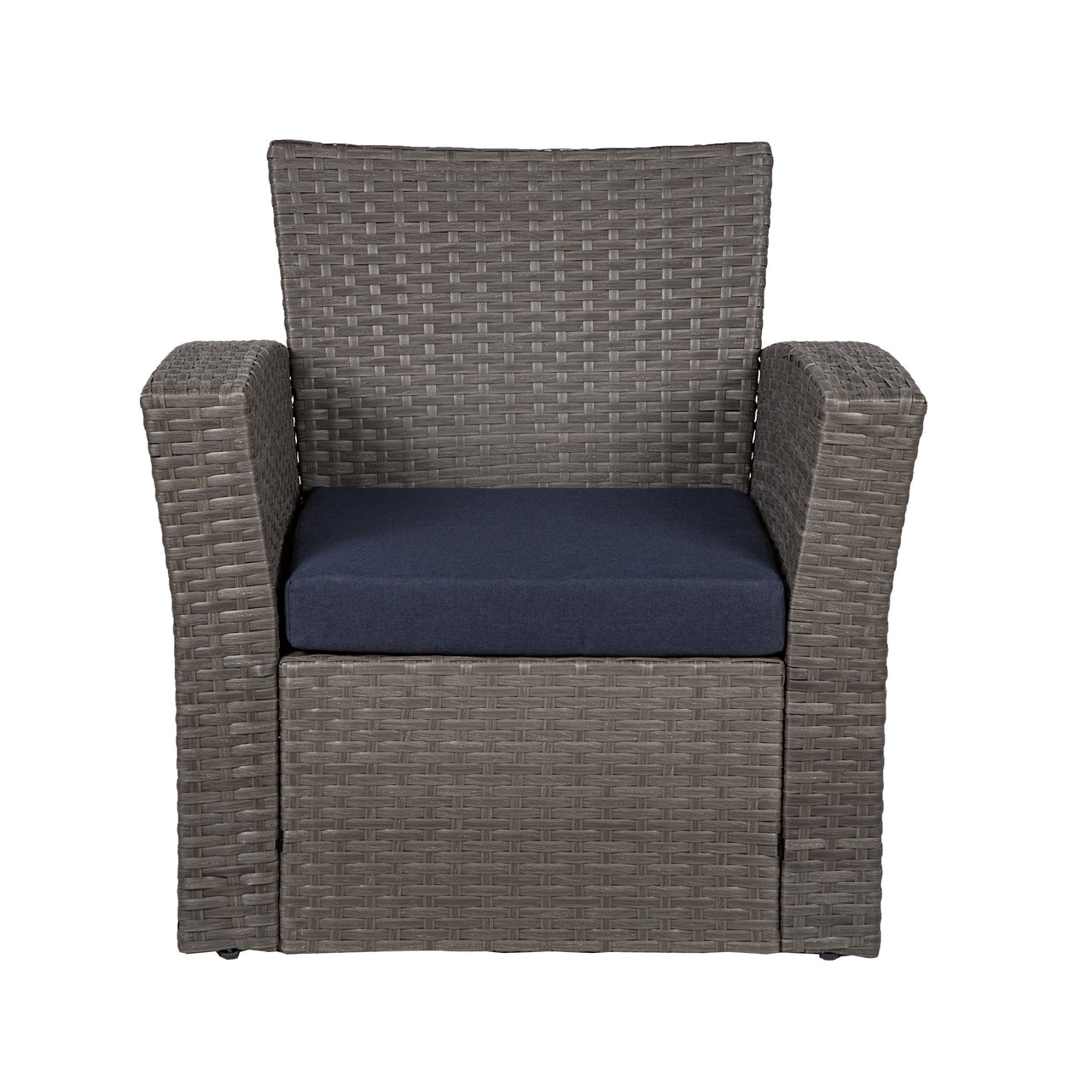 WestinTrends 4pc Outdoor Furniture Conversation Sofa Set with Loveseat, Cofee Table and Cushions, All Weather UV Resistant Rattan Wicker Patio Chairs, Gray/Navy Blue