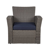 WestinTrends 4pc Outdoor Furniture Conversation Sofa Set with Loveseat, Cofee Table and Cushions, All Weather UV Resistant Rattan Wicker Patio Chairs, Gray/Navy Blue