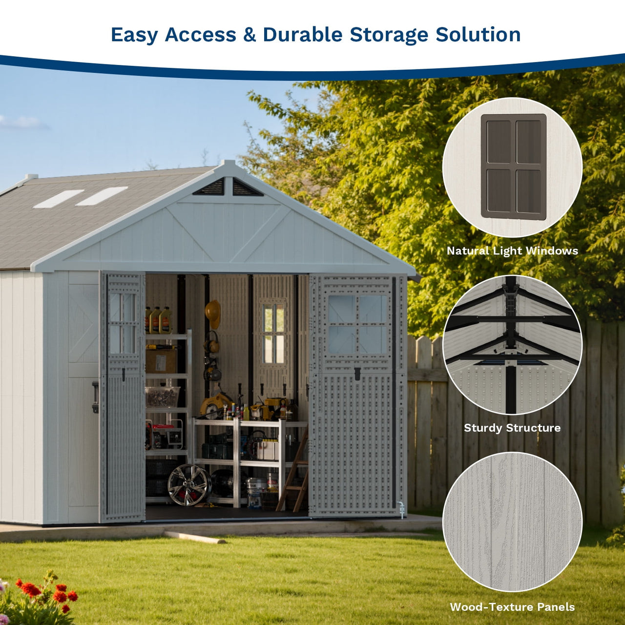 Patiowell 10x10ft Resin Garden Shed with Skylight & Lock, Weatherproof Outdoor Storage for Tools & Equipment, Beige