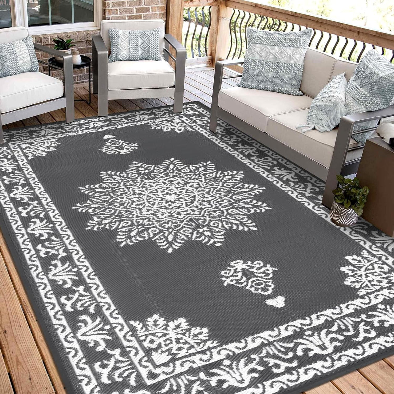 Yamaziot 6'x9' Outdoor Rugs Patio Rug Medallion Reversible Mat, RV Rug, Waterproof Plastic Straw Outdoor Area Rug for Patio, Camping, Porch, Balcony, Beach, Deck, Backyard, Garden, Gray