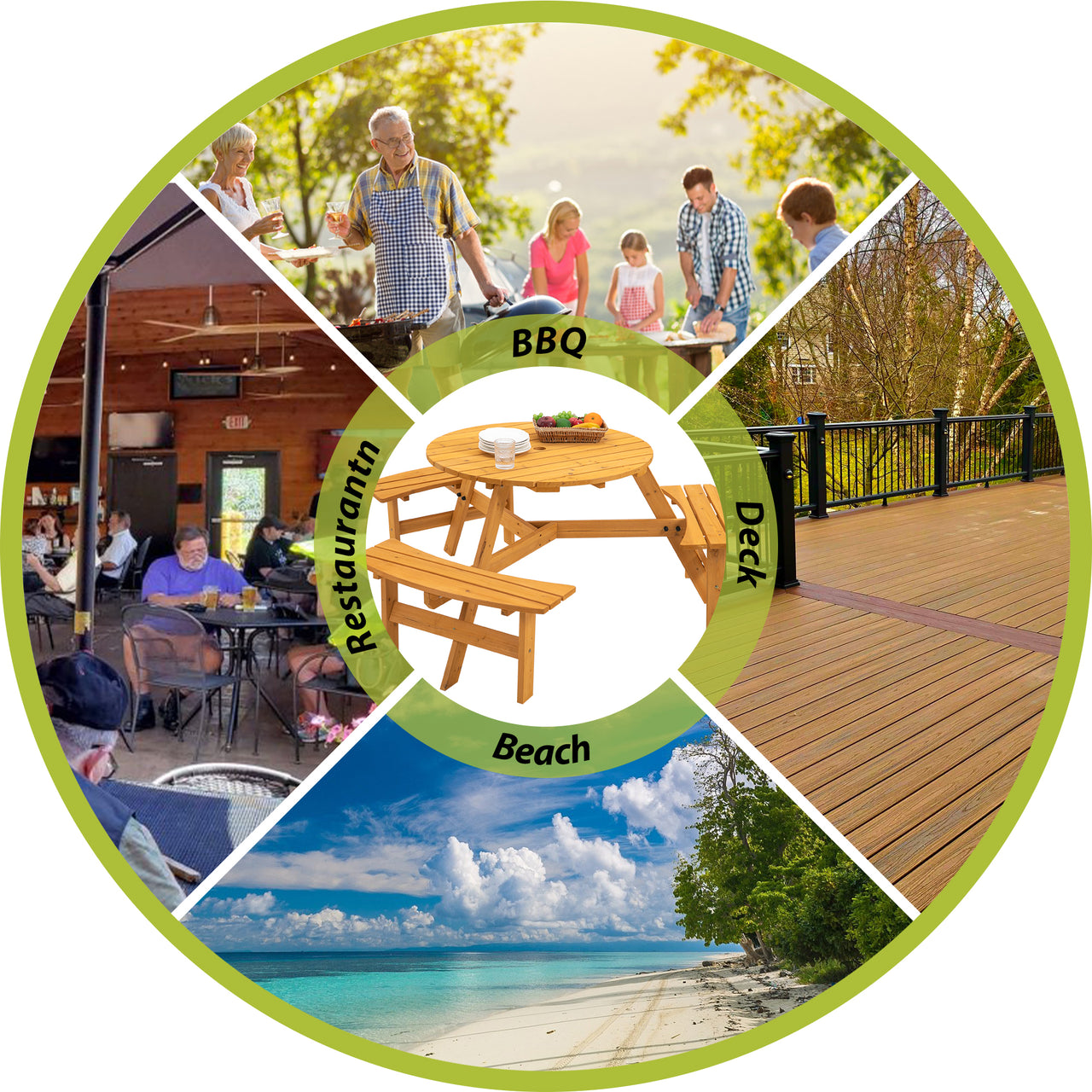 JXXRZ 6-Person Circular Outdoor Wooden Picnic Table w/ 3 Built-In Benches, 500lbs Capacity Per Bench- Natural