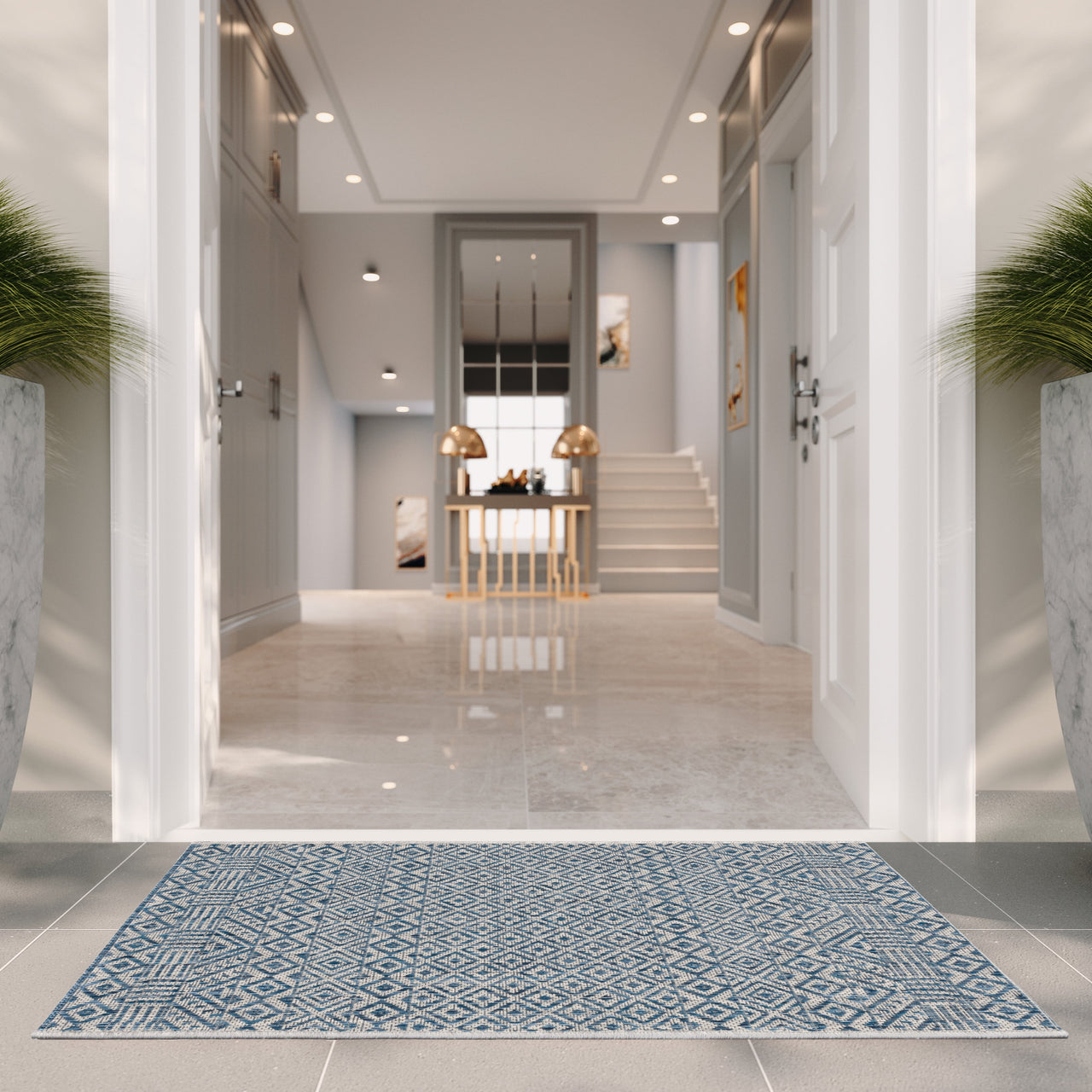 SAFAVIEH Courtyard Evander Geometric Indoor/Outdoor Area Rug, Gray/Blue, 5'3" x 7'7"