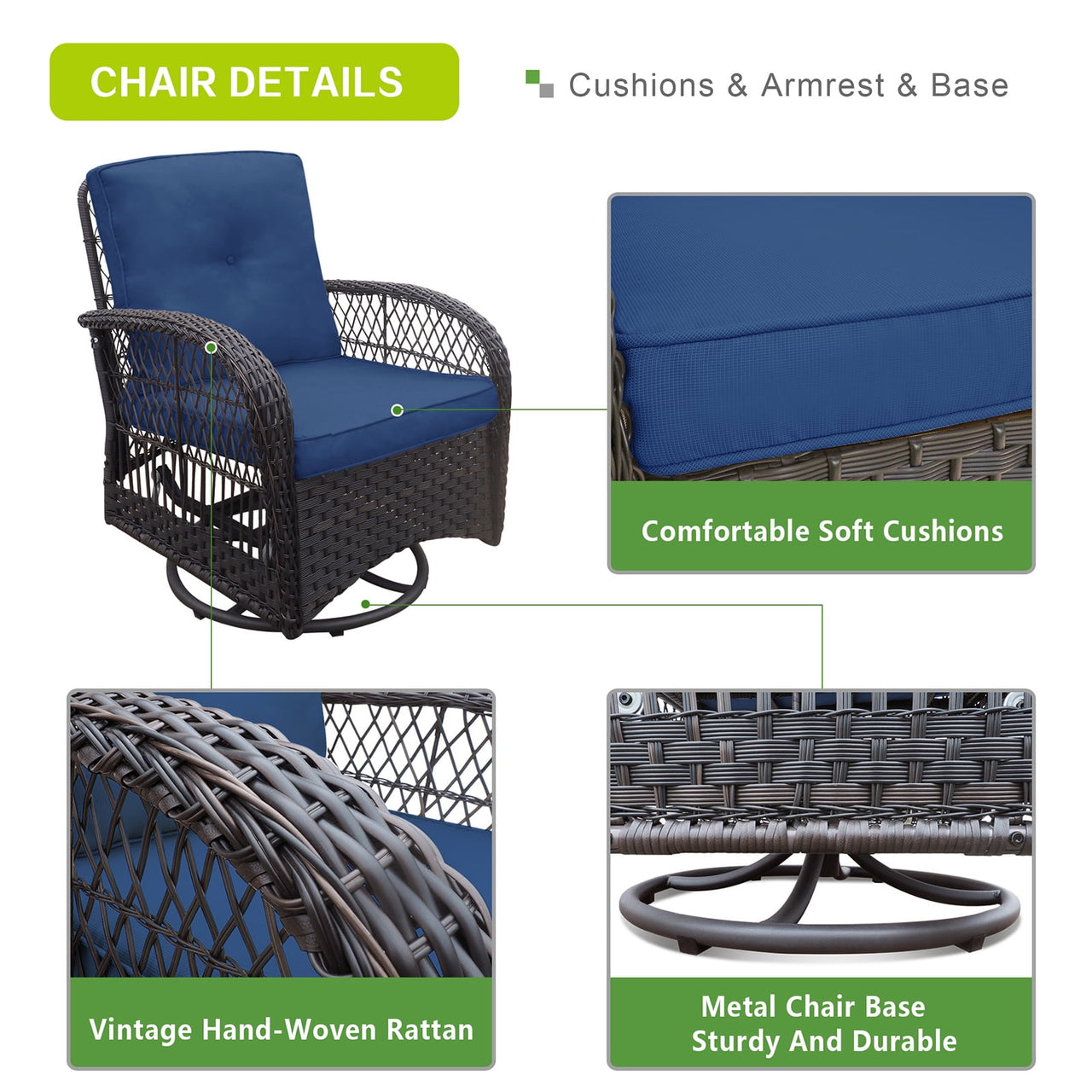 ATR ART TO REAL 3PCS Outdoor Wicker Swivel Rocker, Patio Rattan Furniture Rocker Set, Navy Blue