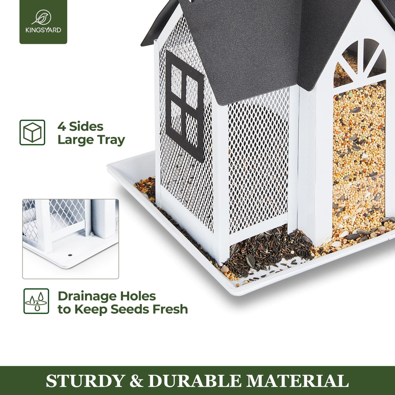 Kingsyard Weatherproof Metal Bird Feeder House, Triple Feeders for Outside Finch Cardinal, White