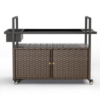 Gymojoy Outdoor Dining Cart Table, Patio Grill Cart with Tempered Glass Top,Wicker Storage Cabinet, Lockable Wheels and Side Basket for Garden, Poolside & Backyard, Brown