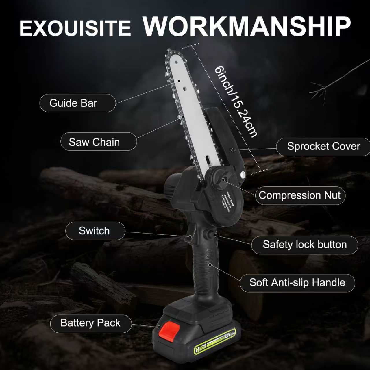 Upgraded Portable Mini Electric Chainsaw with 2 Battery, 20V Cordless Chain Saw, Lightweight 2.3 IBS One-Handed Operation for Orchard Ranch Pruning & Wood Cutting
