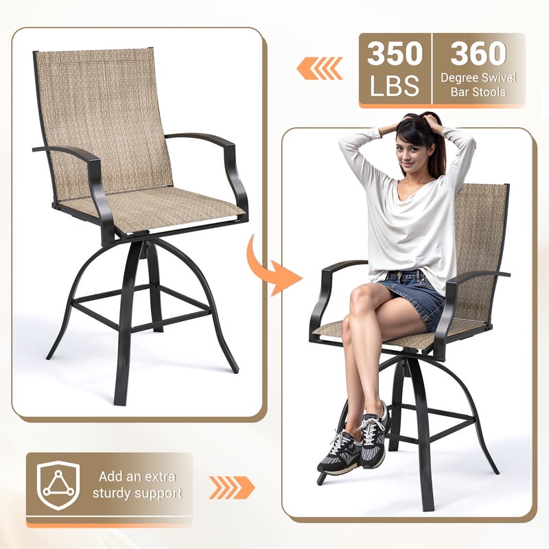 AMOPATIO 3-Piece Patio Swivel Bar Set - All Weather High Top Bistro Set with 2 Oversize Bar Stools & Metal Table for Backyard, Garden, Porch, Khaki