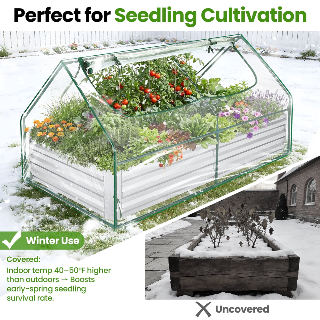 Funcid Galvanized Raised Garden Bed with Cover, Outdoor Metal Planter Box 2 Roll-Up Windows Mini Greenhouse for Growing Flowers Fruits Vegetables and Herbs, 6x3x3ft(Clear)