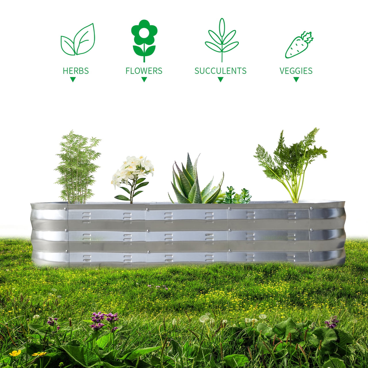 Raised Garden Bed Galvanized Metal Planter Box, 67"D x 20"W x10"H, 7 cu. ft. Silver