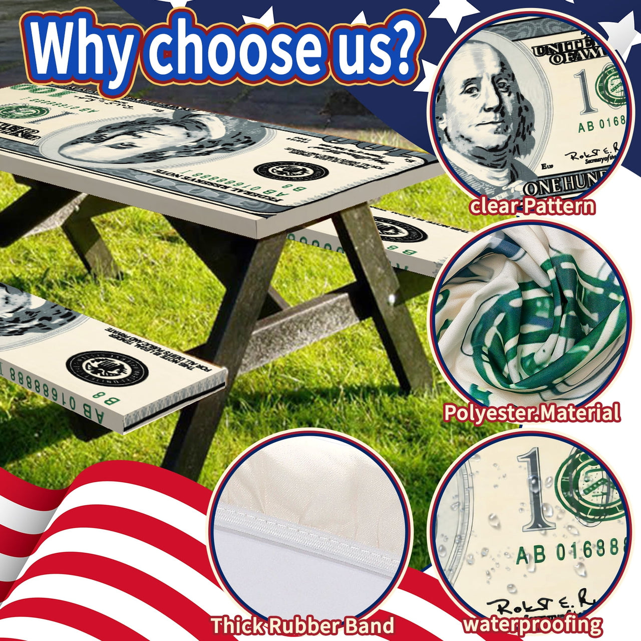 SLUMLOVE 6ft Picnic Table Bench Cover Set, Water-Repellent Elastic Edge for Camping RV Indoor Outdoor