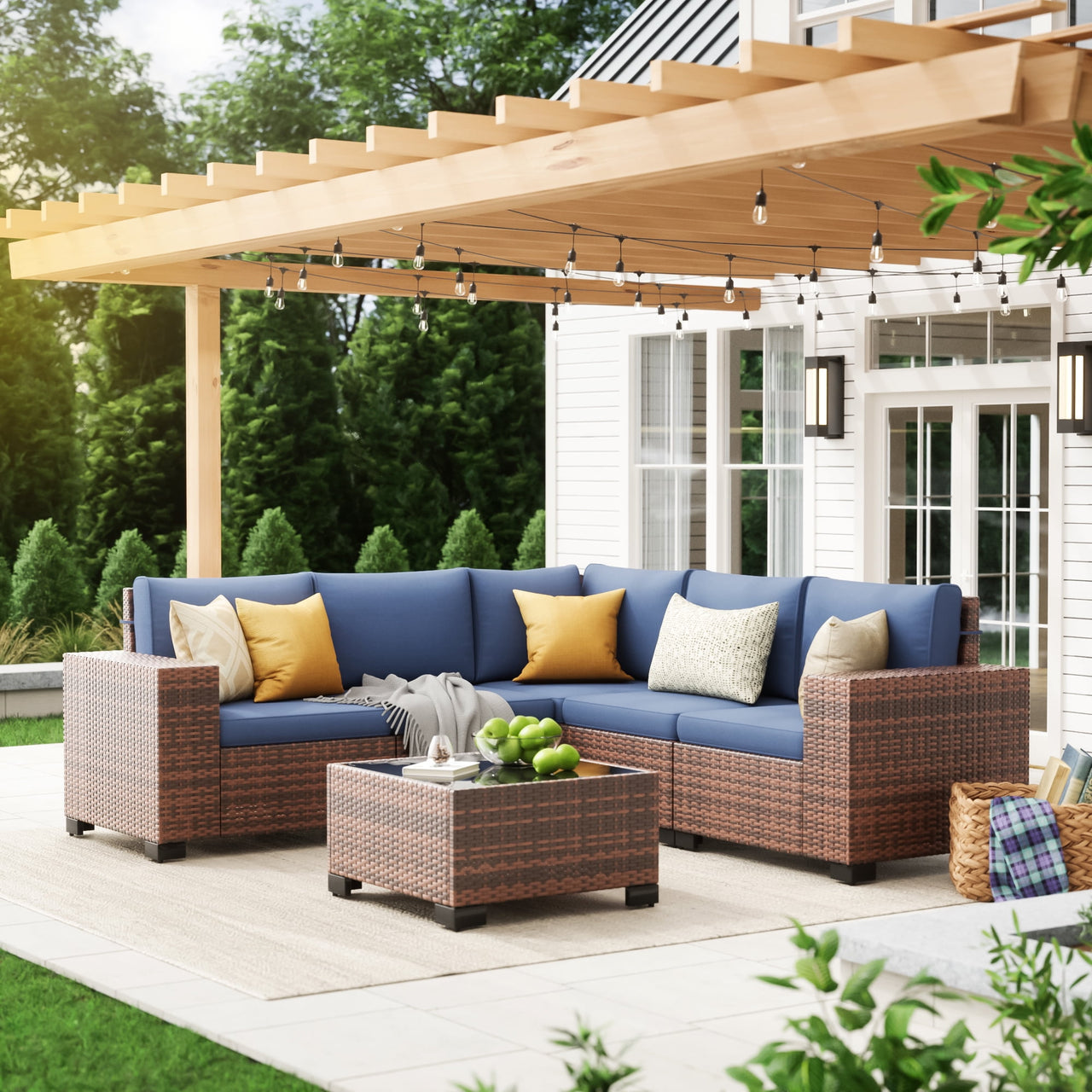UDPATIO 6-Piece Patio Furniture Set, Outdoor Patio Sofa Set With Wide Armrest, All-Weather Wicker Rattan Guest Set With Cushion And Glass Table And Waterproof Cover, Brown & Navy Blue