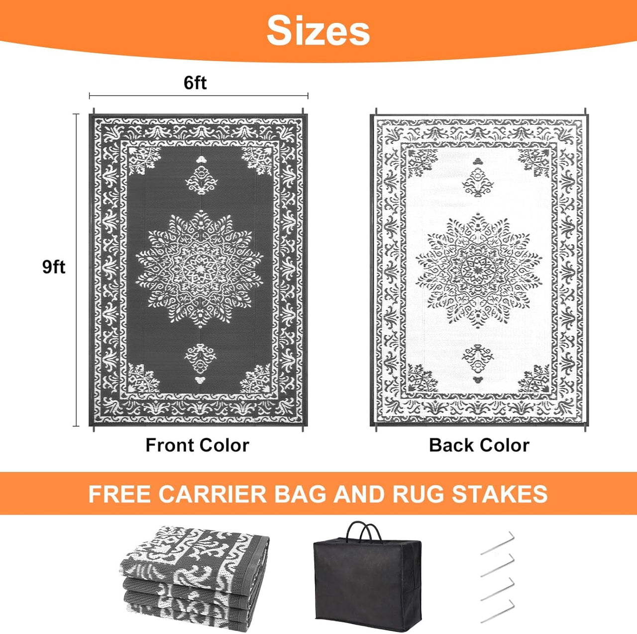 Yamaziot 6'x9' Outdoor Rugs Patio Rug Medallion Reversible Mat, RV Rug, Waterproof Plastic Straw Outdoor Area Rug for Patio, Camping, Porch, Balcony, Beach, Deck, Backyard, Garden, Gray