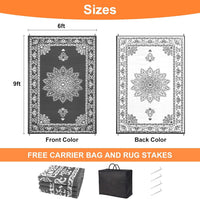 Yamaziot 6'x9' Outdoor Rugs Patio Rug Medallion Reversible Mat, RV Rug, Waterproof Plastic Straw Outdoor Area Rug for Patio, Camping, Porch, Balcony, Beach, Deck, Backyard, Garden, Gray
