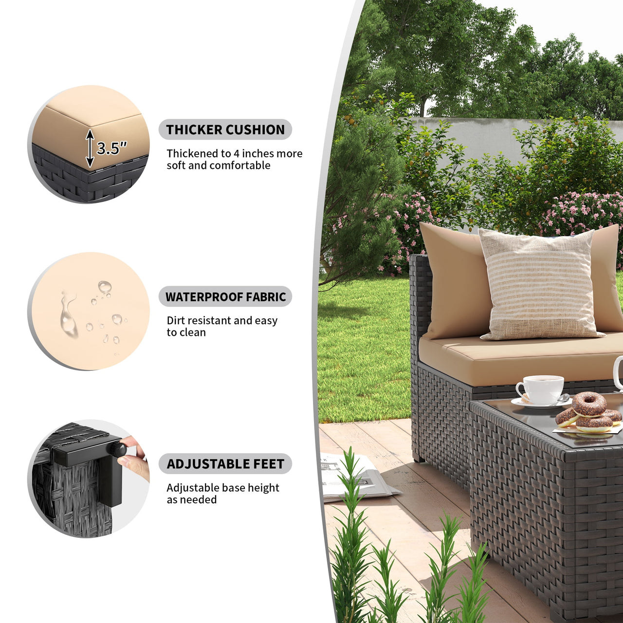 MRUAKA 5 Pieces Patio Conversation Set, Outdoor Sectional PE Rattan Wicker Furniture Seat,Khaki