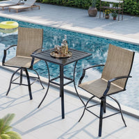 AMOPATIO 3-Piece Patio Swivel Bar Set - All Weather High Top Bistro Set with 2 Oversize Bar Stools & Metal Table for Backyard, Garden, Porch, Khaki