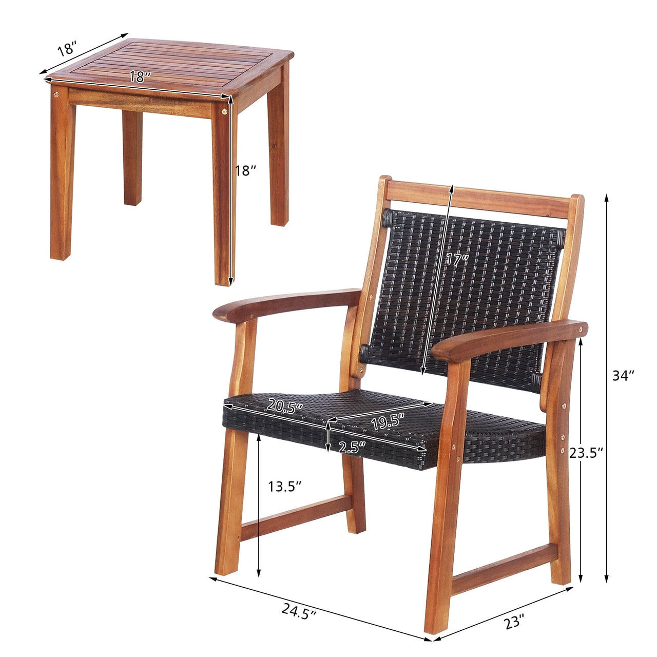 Patiojoy Rattan Bistro Set 3-Piece Outdoor Acacia with Table and Chairs, Brown