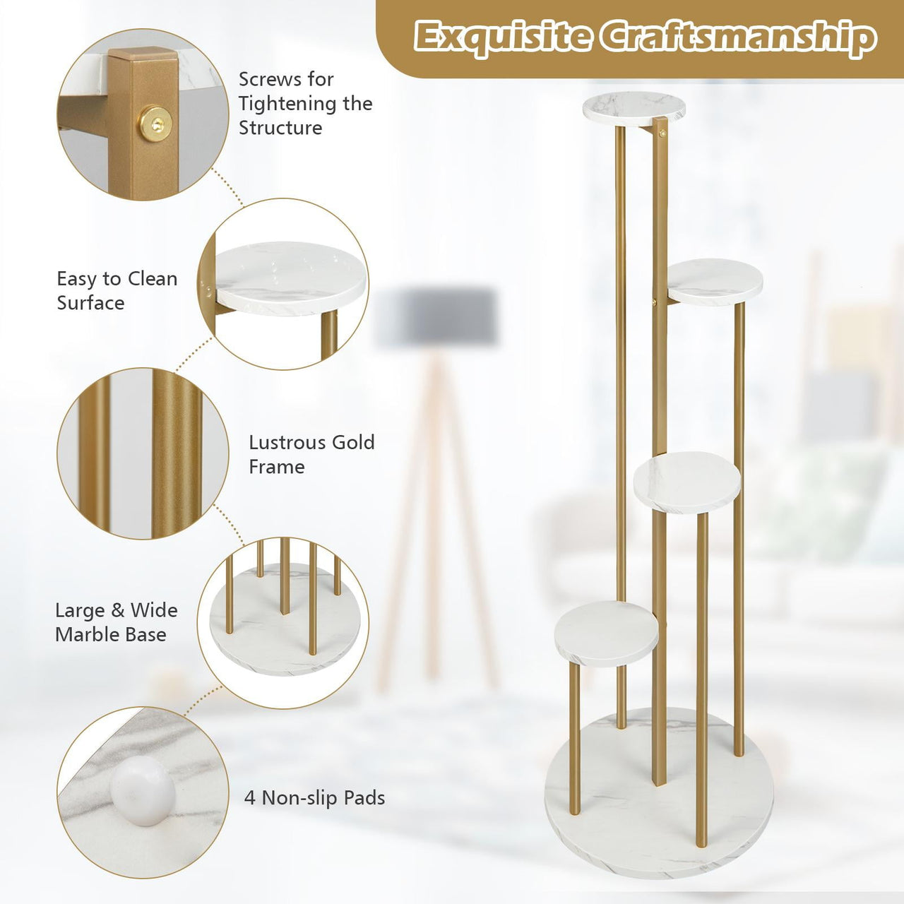 Giantex  4-Tier Metal Plant Stand, Planter Holder  W/ Golden Metal Frame, Faux Marble Finish, Potted Planter Display Rack