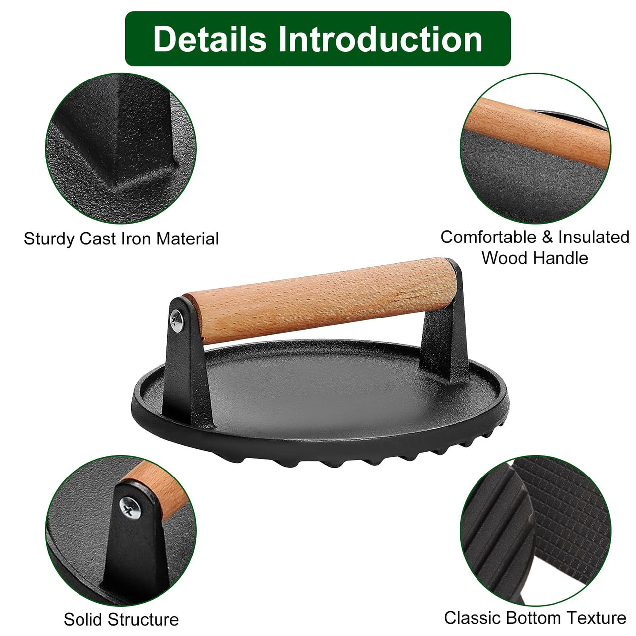2Pcs Burger Press Heavy-Duty Cast Iron Smashed Meat Steak Weight Grill Griddle Press (7" Round & 8.2"X4.3" Rectangle) with Wood Handle for Camping Griddle