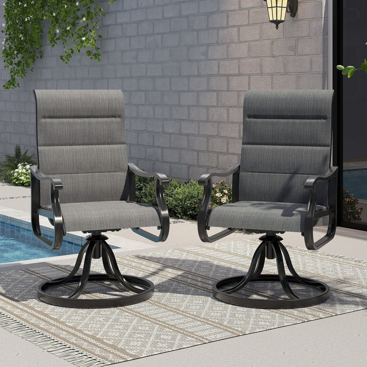 Techmilly Patio Swivel Chairs Set of 2, Outdoor Dining Chairs High Back Padded All Weather Breathable Textilene Outdoor Swivel Chairs with Metal Rocking Frame for Lawn Garden Backyard Deck, Dark Grey