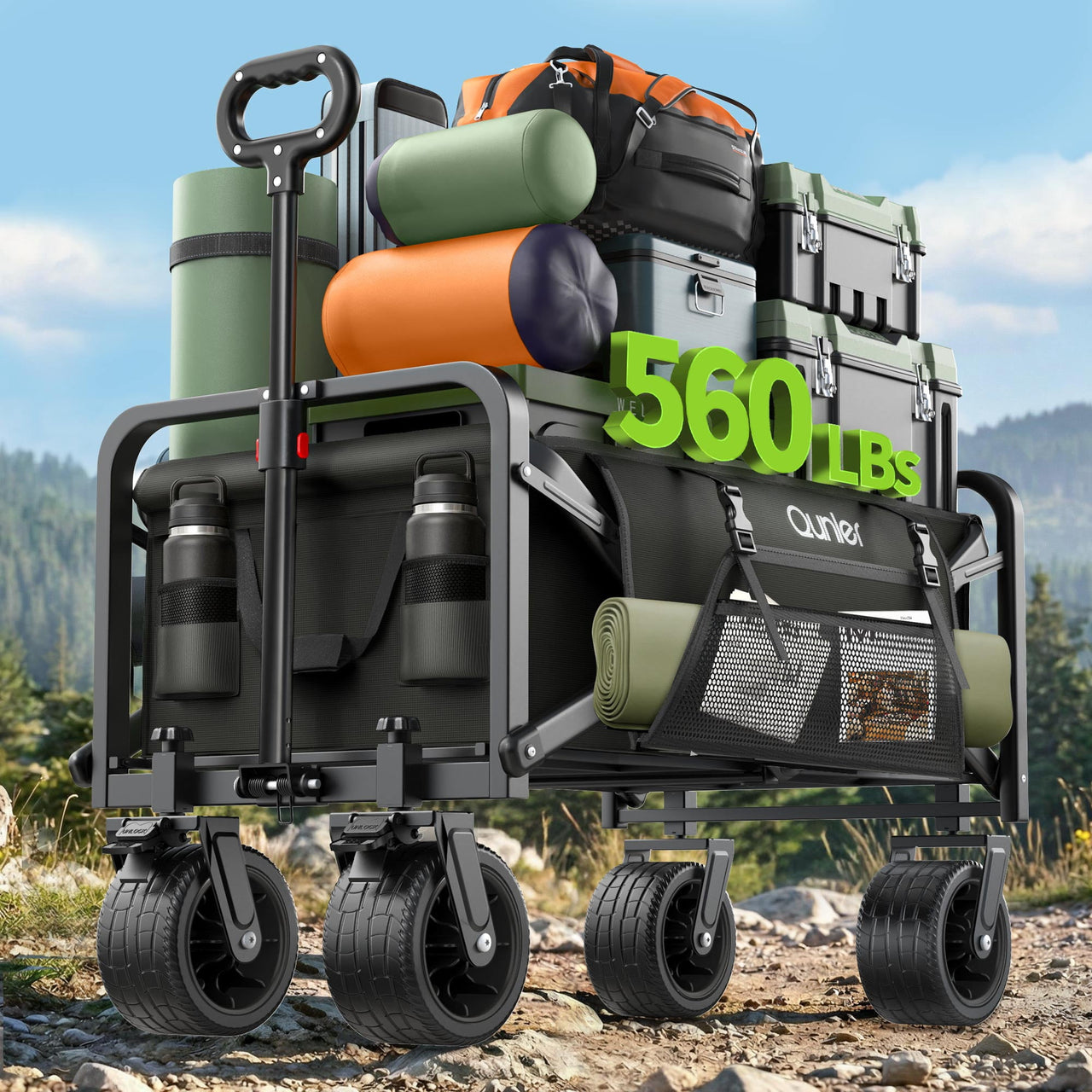 Qunler 560lbs Large Collapsible Folding Wagon with Oversized Tank Wheels, Heavy Duty Big Bucket Utility Garden Cart with Side Pocket for Sports, Shopping, Camping, Kids, Black