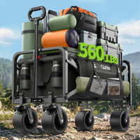 Qunler 560lbs Large Collapsible Folding Wagon with Oversized Tank Wheels, Heavy Duty Big Bucket Utility Garden Cart with Side Pocket for Sports, Shopping, Camping, Kids, Black