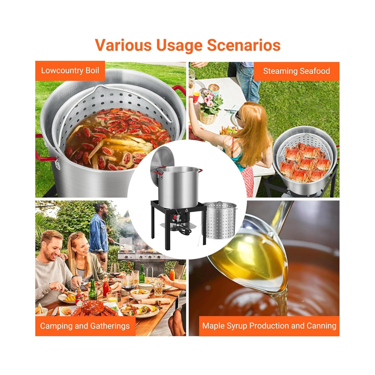 100Qt Seafood Boil Pot, 11,0000 BTU Aluminum Outdoor Seafood Boil Kit， Seafood Boil Pot with Strainer Basket, Propane Stove Burner for Outdoor Cooking Seafood Shrimp, Crab, Crawfish