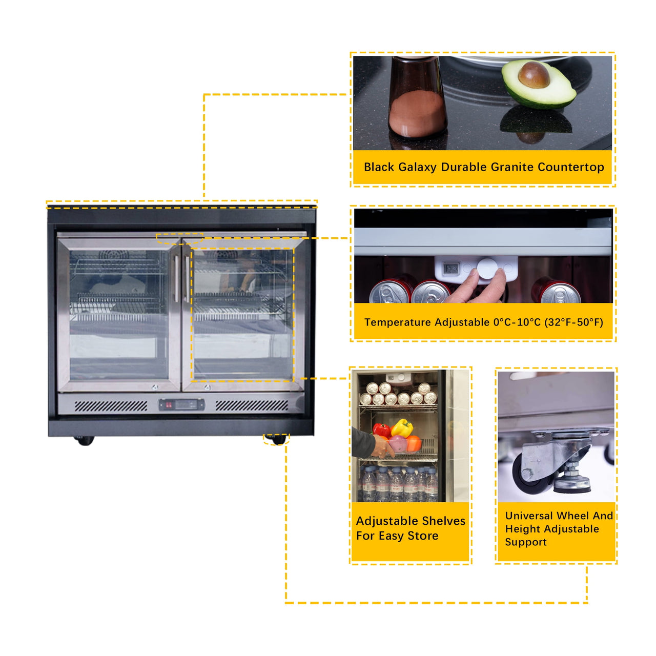 62-Inch 6-Burner 96000 BTU Black Stainless Steel Gas Outdoor Kitchen Bar Barbecue Island Grill + Refrigerator + Rotisserie + Granite Countertops