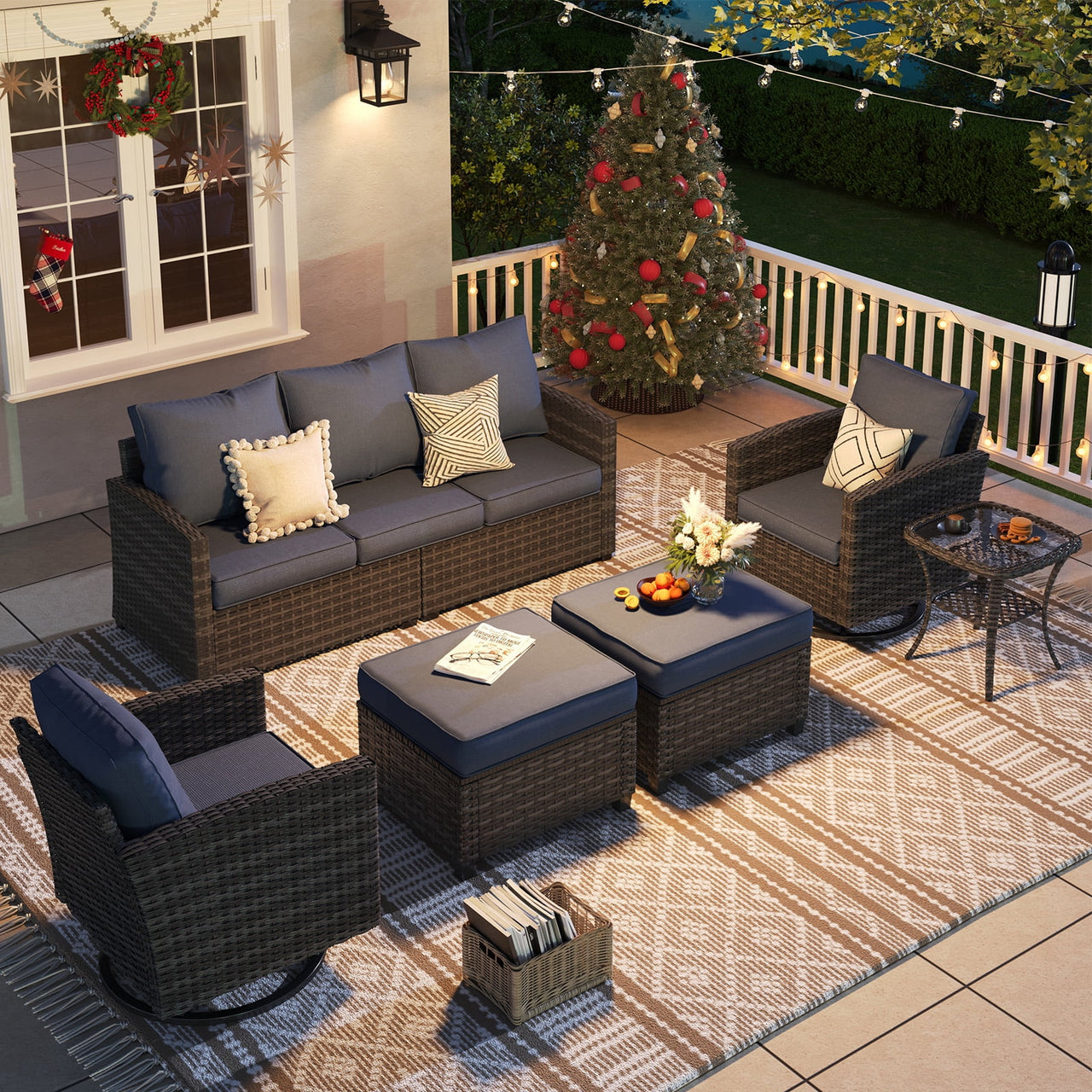 ELPOSUN Patio Furniture Set, 6 Pieces Outdoor Patio Set, All-Weather Wicker Rattan Outdoor Furniture Set with Swivel Chairs for Poolside, Backyard, Gray Wicker Navy Blue Cushions