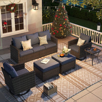 ELPOSUN Patio Furniture Set, 6 Pieces Outdoor Patio Set, All-Weather Wicker Rattan Outdoor Furniture Set with Swivel Chairs for Poolside, Backyard, Gray Wicker Navy Blue Cushions