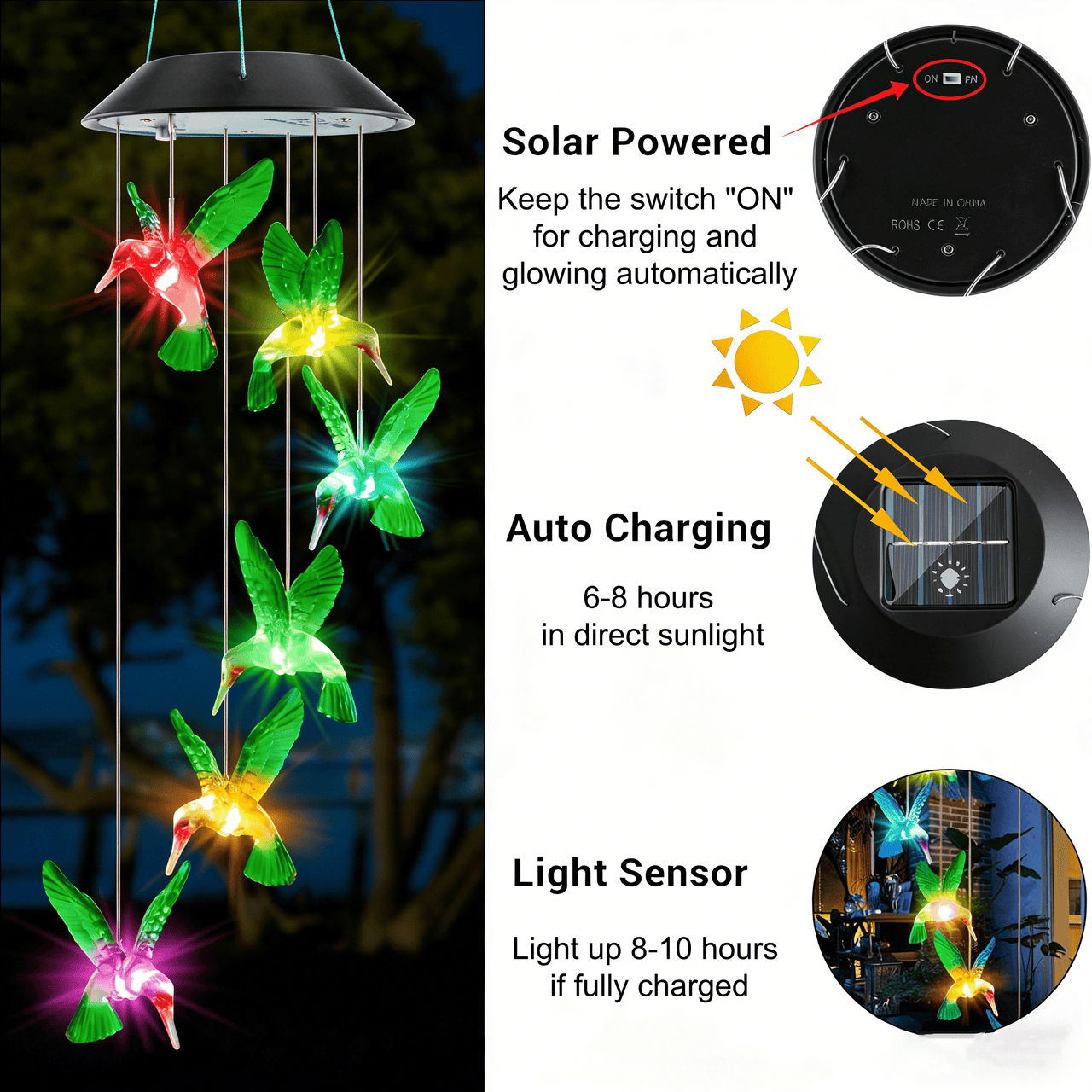 BSHAPPLUS® Wind Chimes, Solar Hummingbird Wind Chimes Waterproof Outdoor Lights Color Changing LED for Party Night Garden Birthday Gifts