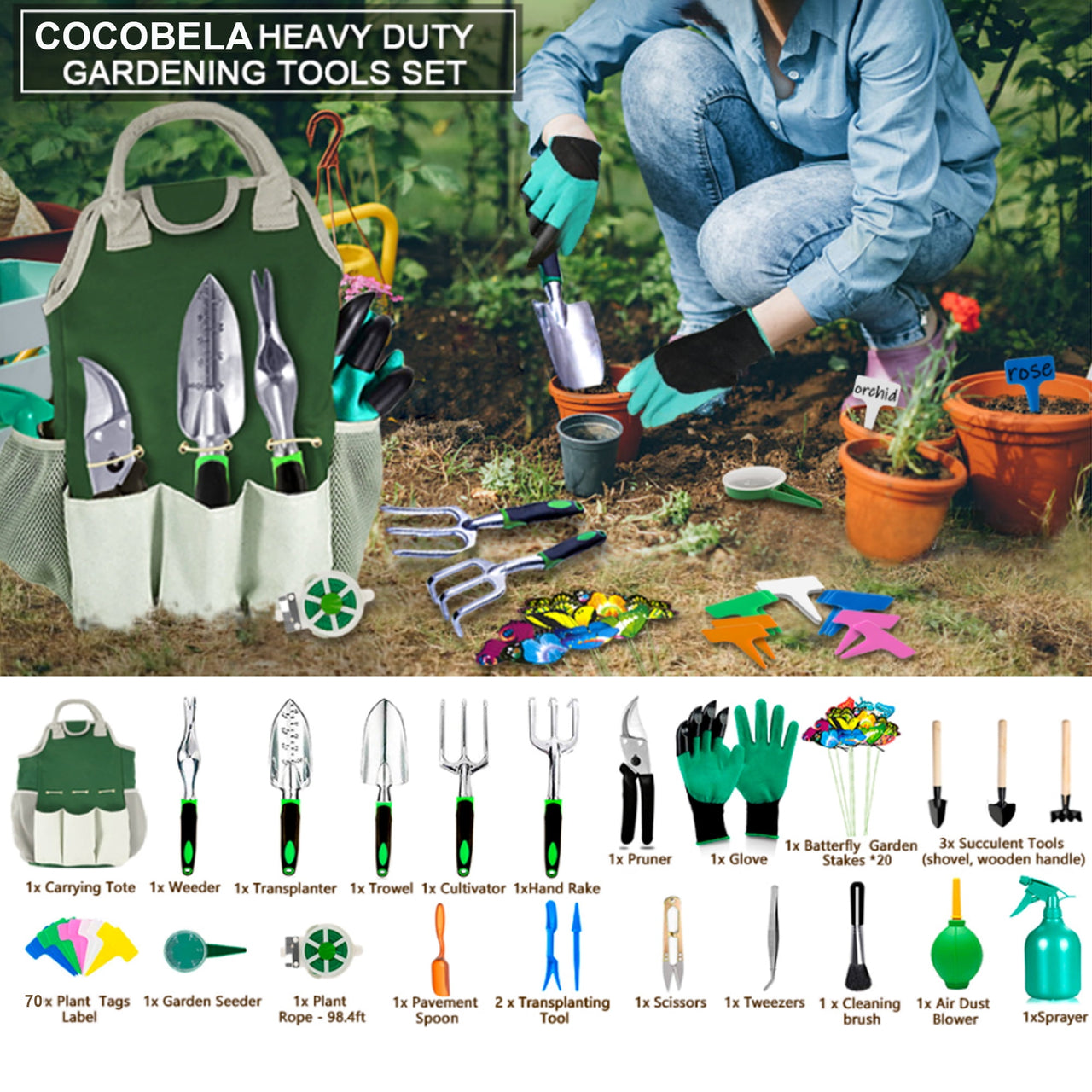 COCOBELA 111Pcs Garden Tools Set Succulent Tools Set, Heavy Duty Aluminum Manual Garden Kit Outdoor Gardening Gifts Tools for Men Women
