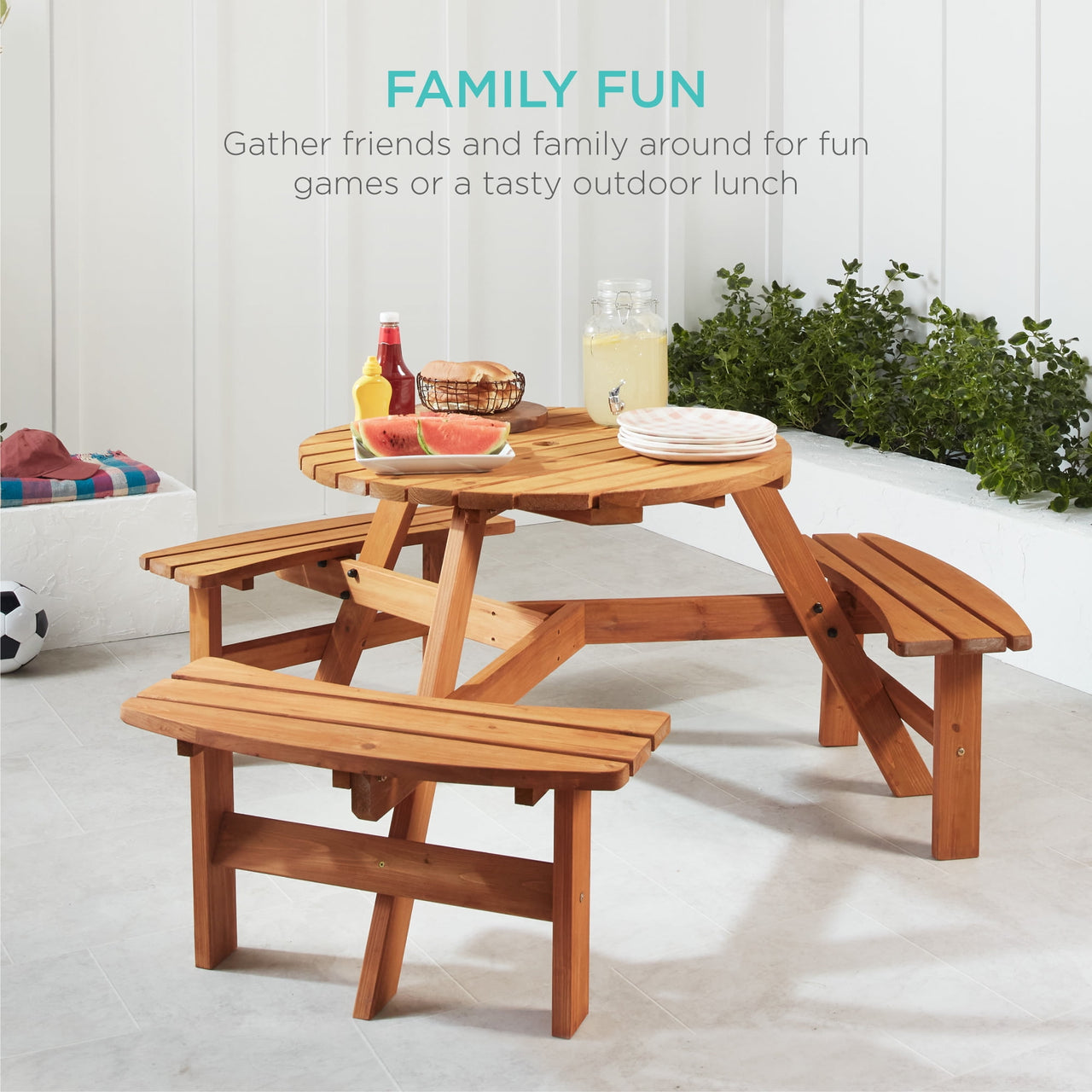 Best Choice Products 6-Person Circular Outdoor Wooden Picnic Table w/ 3 Built-In Benches, 500lb Capacity - Natural