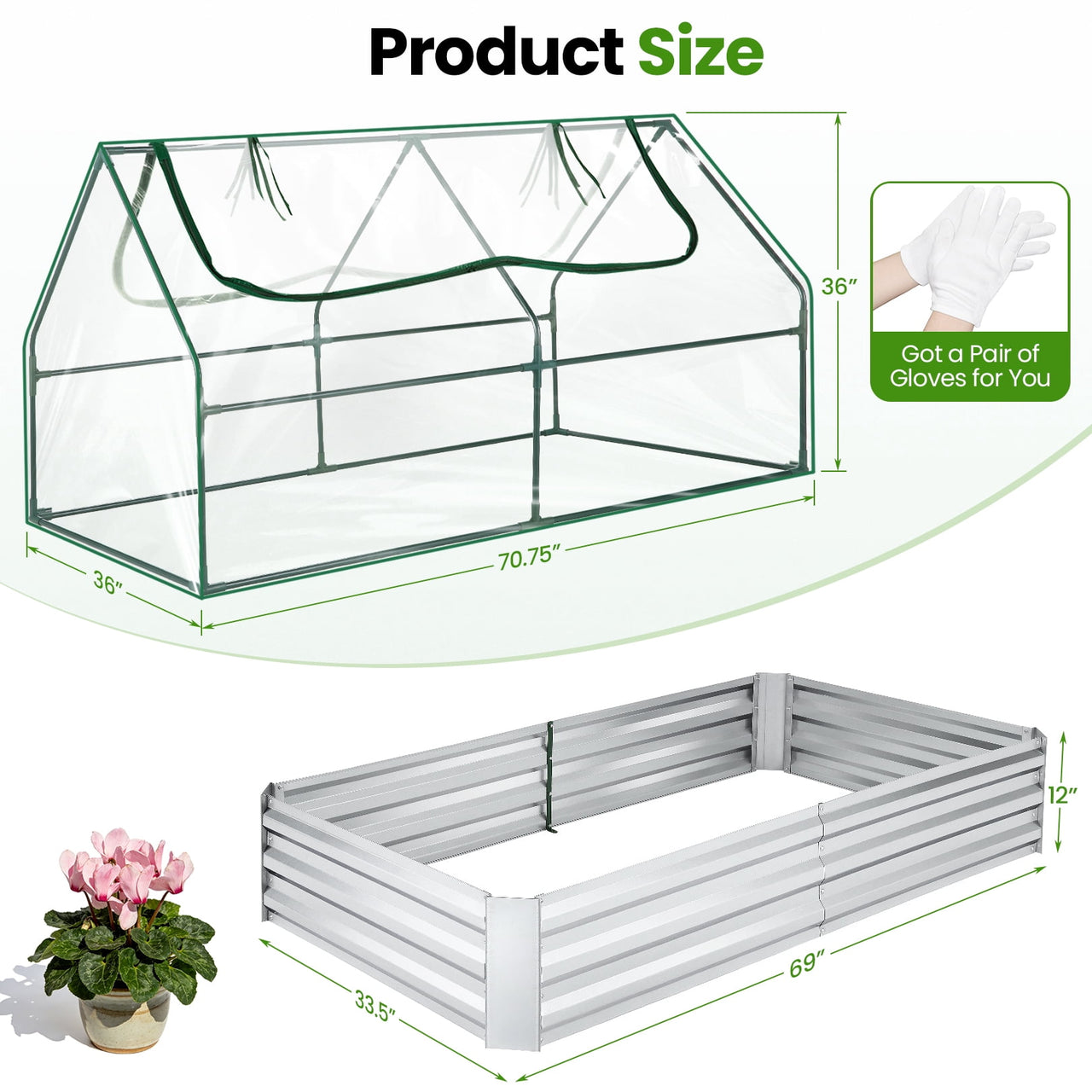 Funcid Galvanized Raised Garden Bed with Cover, Outdoor Metal Planter Box 2 Roll-Up Windows Mini Greenhouse for Growing Flowers Fruits Vegetables and Herbs, 6x3x3ft(Clear)