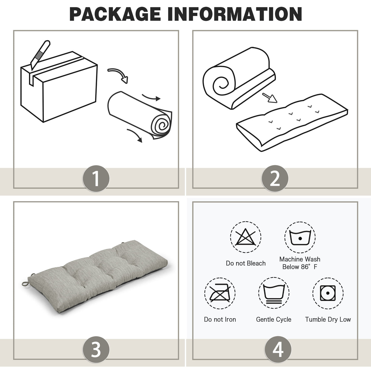 Baibu Tufted Bench Cushion Loveseat Cushion with Tires Suitable for Garden Patio Bench Indoor Furniture with Anti-slip Bottom, Light Grey, 36"x15"x3"
