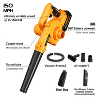 3-in-1 Cordless Leaf Blower & Vacuum with Bag Brushless Battery Powered Leaf Vacuum Mulcher with 1x2.0Ah Battery and Charger Leaf Blowers for DIY Vacuuming, Home / Vehicle Cleaning