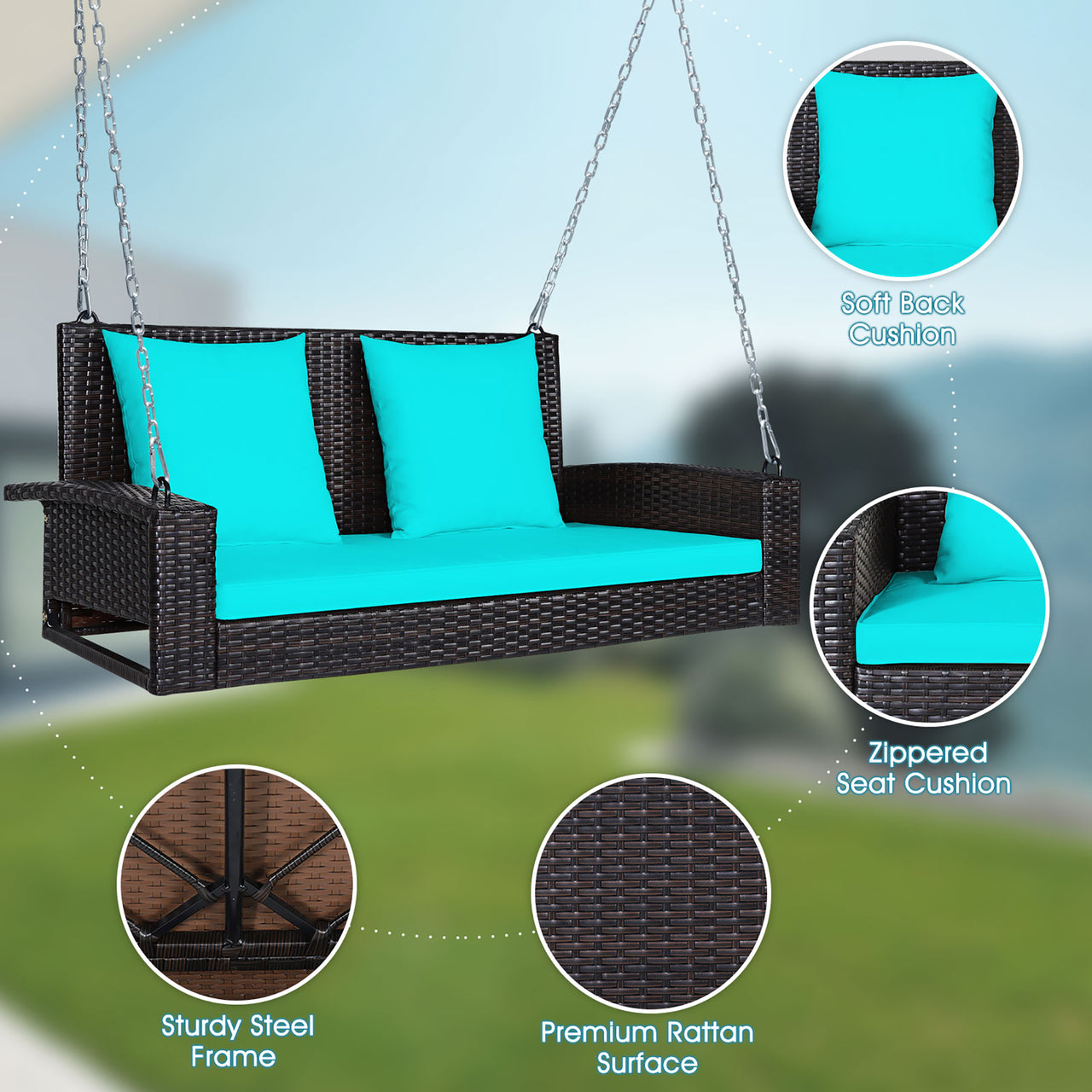 Costway 2-Person Patio Rattan Hanging Porch Swing Bench Chair Cushion Turquoise