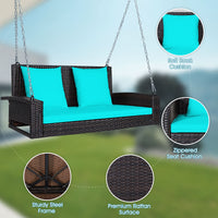 Costway 2-Person Patio Rattan Hanging Porch Swing Bench Chair Cushion Turquoise