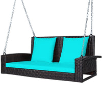Costway 2-Person Patio Rattan Hanging Porch Swing Bench Chair Cushion Turquoise