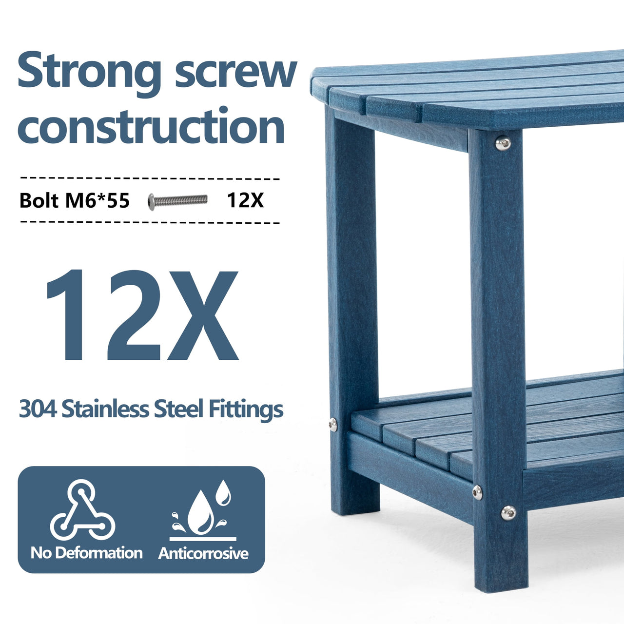 ENYLAY Adirondack Small Outdoor Side Table , Weatherproof HDPE Patio End Table with 2-Tier Storage for Firepit, Balcony, Garden, Poolside or Bathroom (Blue, Set of 1)