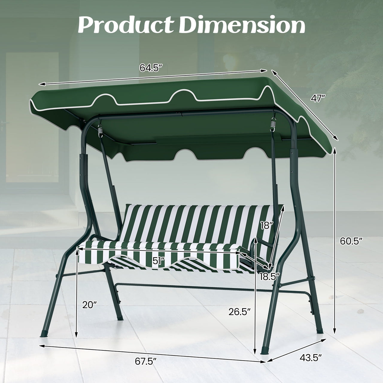 Costway 3 Seats Patio Backyard Canopy Steel Frame Swing Glider Hammock Cushioned