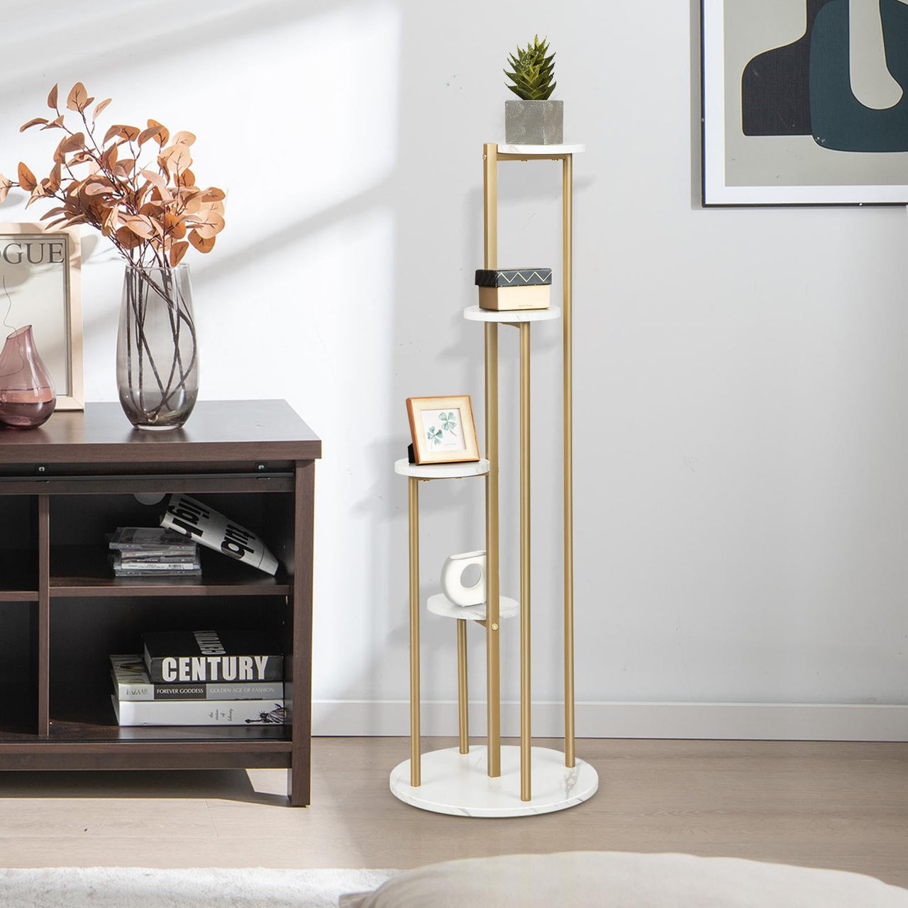 Giantex  4-Tier Metal Plant Stand, Planter Holder  W/ Golden Metal Frame, Faux Marble Finish, Potted Planter Display Rack