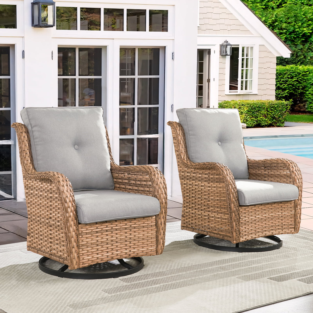 Gymojoy 2 Pieces Outdoor Patio Wicker Swivel Glider Rocker Chair with High Back Deep Seat, Beige