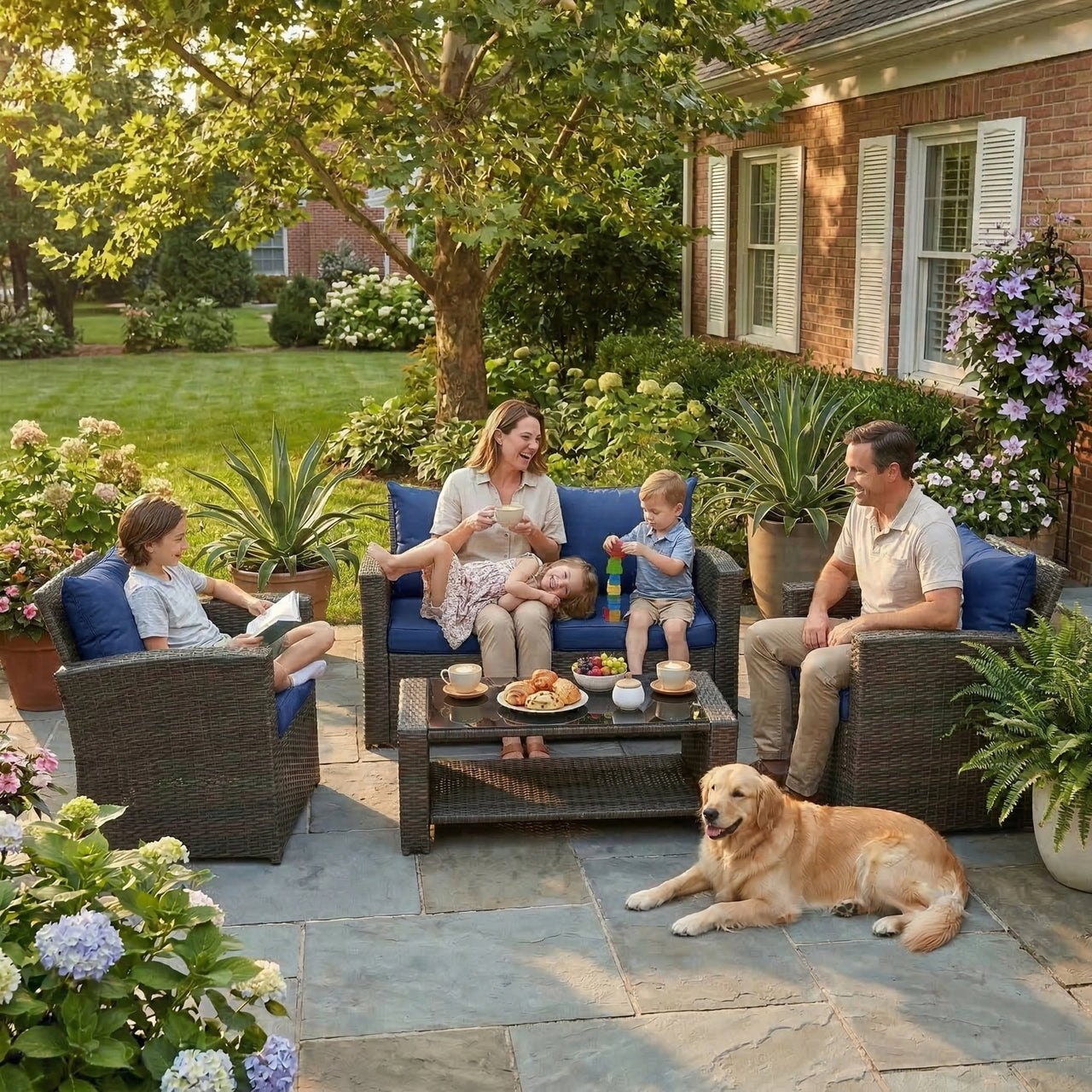 HOYOA Wicker Patio Furniture Set, 4 Piece Outdoor Sectional Conversation Sets, Grey PE Rattan Patio Sofa Set for Balcony, Porch, Backyard, Blue